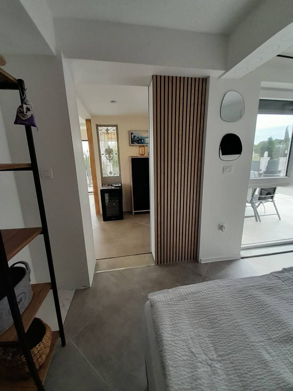 Hallway with wooden slats