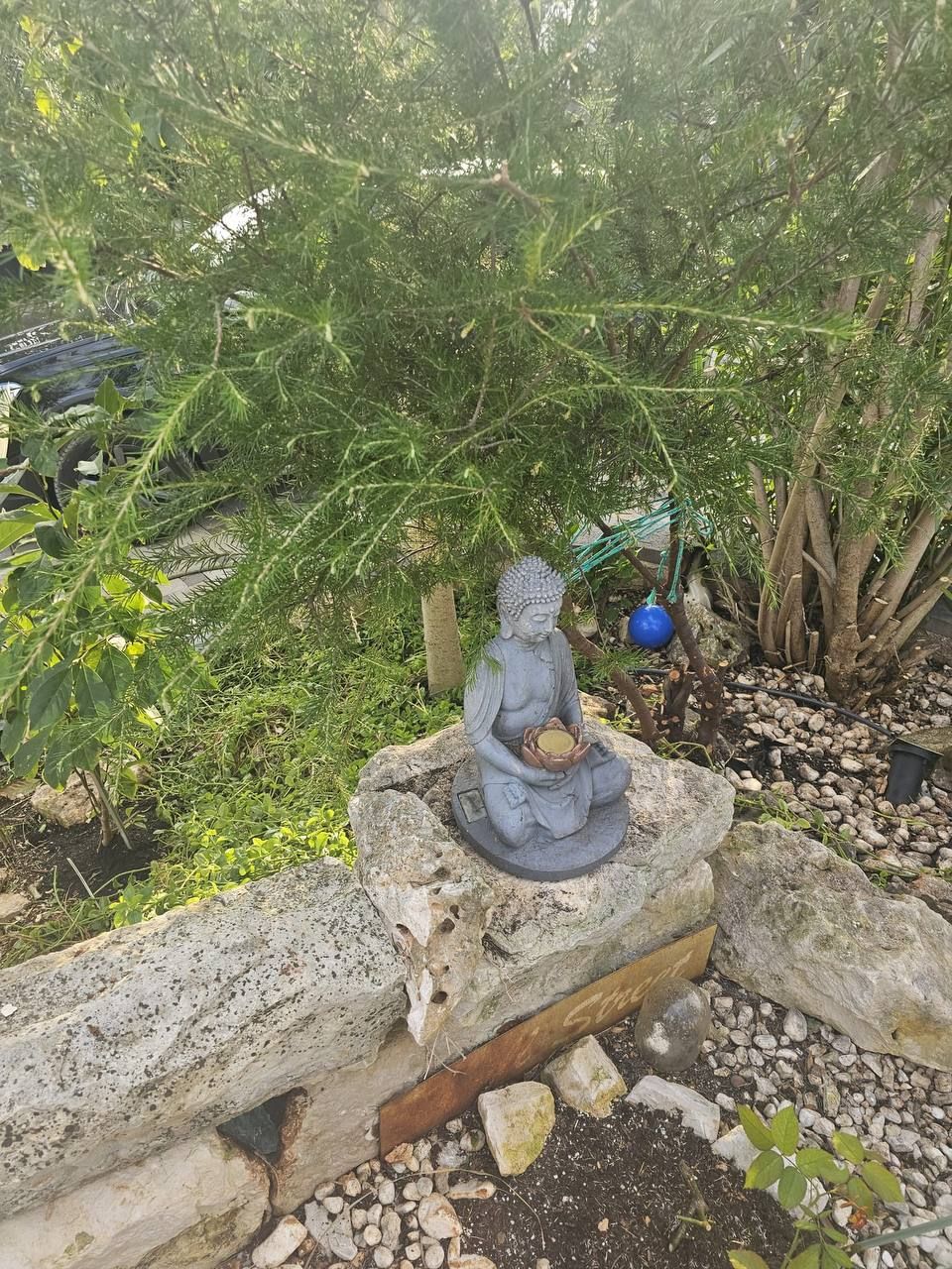 Buddha statue among stones and grasses in the garden
