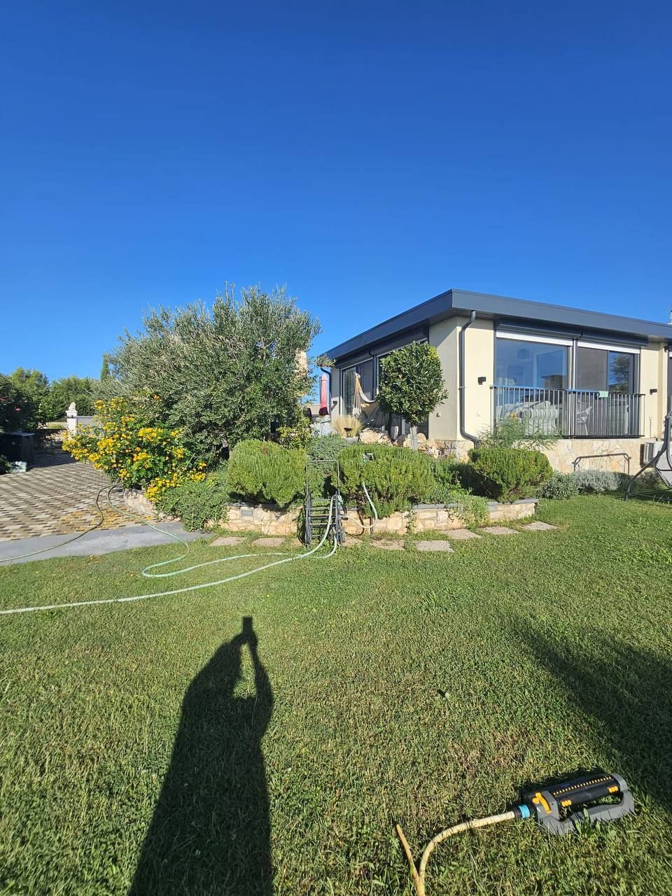 The holiday home and lawn in the sunshine